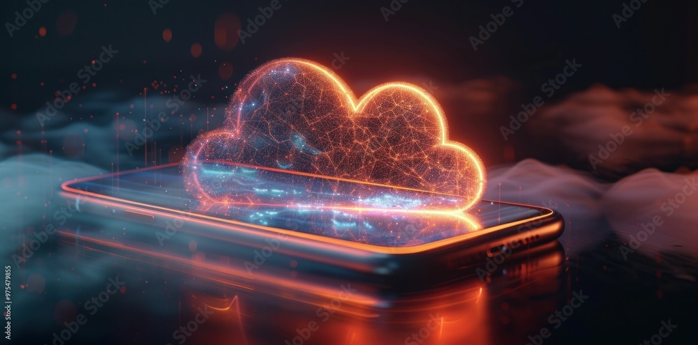 Aufkleber cloud computing, smartphone, digital technology interface, futuristic design, glowing elements a sma