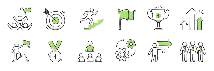 Doodle career icon set. Success winner, business goal, challenge hand drawn sketch line pen stroke style icon. Professional business career, goal sketch doodle drawn collection. Vector illustration