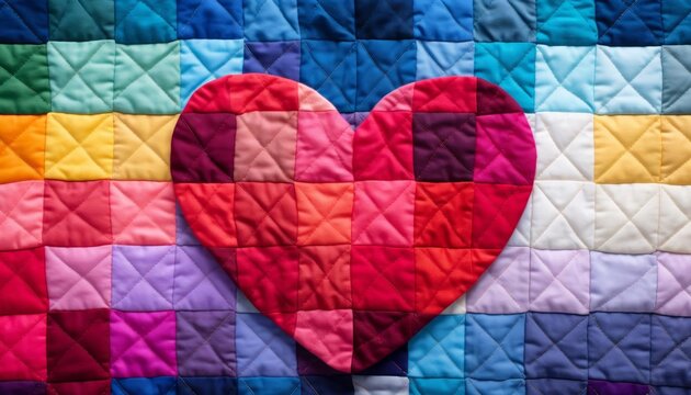 A patchwork heart sewn onto a childs quilt, colorful and comforting in this homey illustration