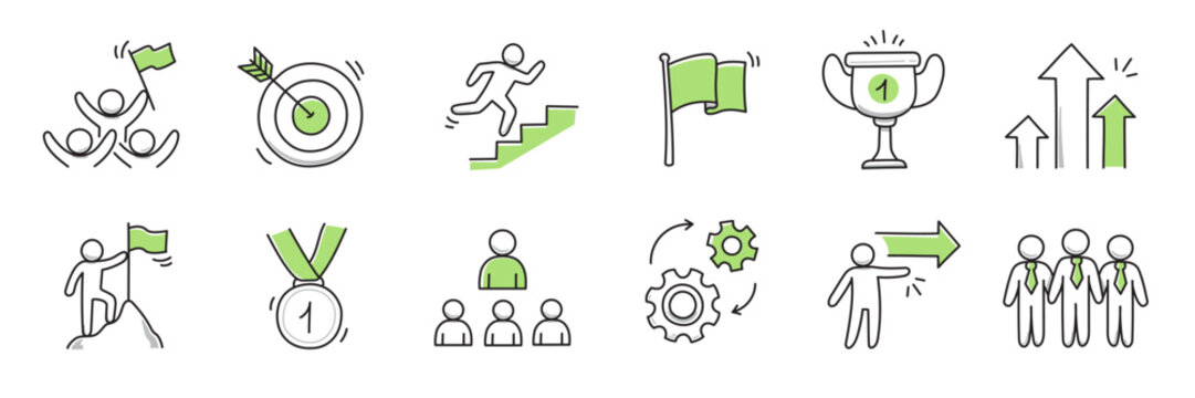 Doodle career icon set. Success winner, business goal, challenge hand drawn sketch line pen stroke style icon. Professional business career, goal sketch doodle drawn collection. Vector illustration