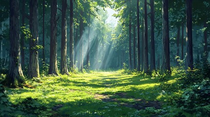 Fototapeta premium Serene Temperate Forest Canopy with Sun-Dappled Floor Copy Space