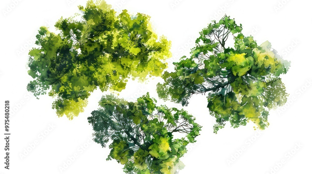 Poster vector tree top watercolor hand drawn view isolated on white background for landscape plan and archi
