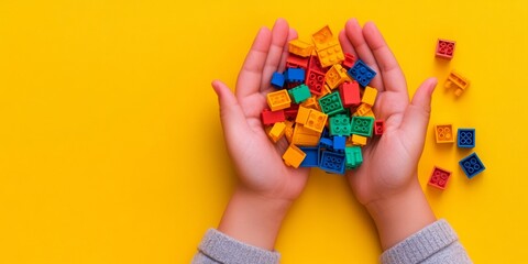 Fototapeta premium Hands holding colorful toy plastic bricks, blocks for building toys on yellow background