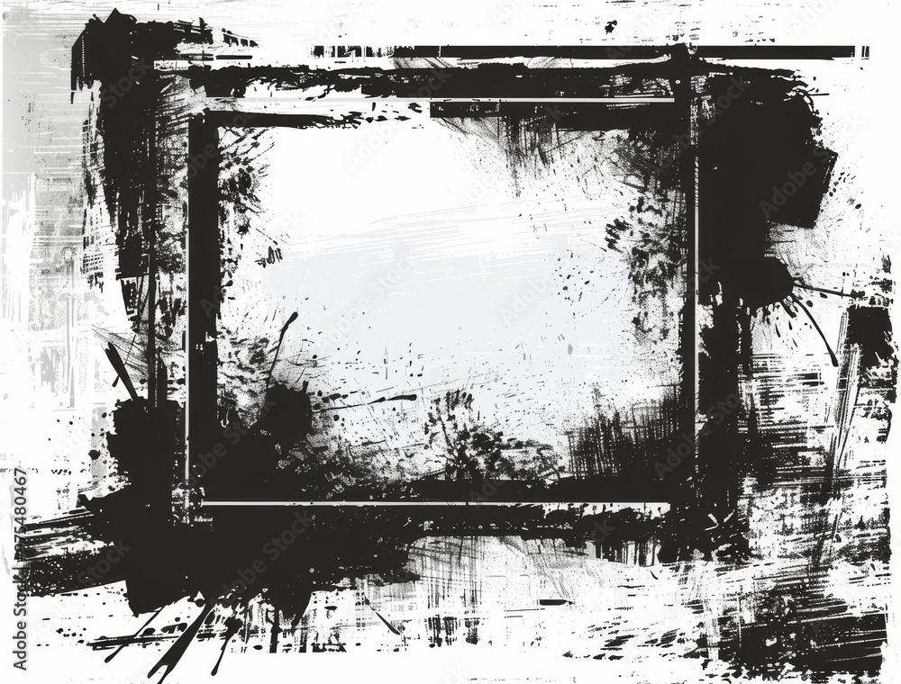 Poster a textured black and white abstract background with a central frame for artistic designs and creativ