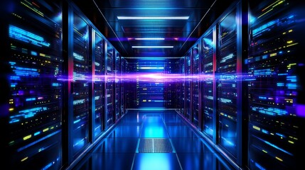 Fototapeta premium Cyberpunk Server Room Neon Lights and Data Flow, Data Center, Server Racks, Technology