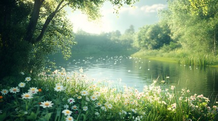 Fototapeta premium Tranquil Riverbank with Blooming Daisies