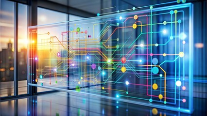 Colorful abstract hand drawing digital data streams on a transparent screen, digital creativity, business innovation through technology