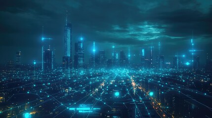 Futuristic city skyline with glowing digital network overlay at night.