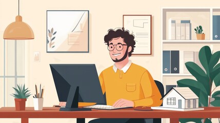 Fototapeta premium A young man working from home at his desk, focused on his computer while surrounded by plants and home decor.