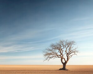 Fototapeta premium An old, withered tree standing alone in a vast empty field, endurance, loneliness over time
