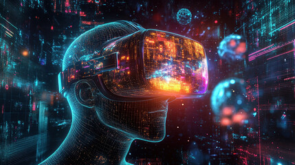 A glowing virtual reality headset worn by a user, immersing them in a vivid,digital world filled with futuristic visuals,representing cutting-edge VR technology and the future of immersive experiences