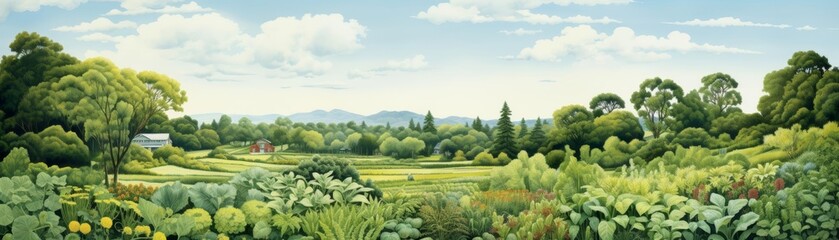 A permaculture garden with layers of vegetation, promoting sustainability in this ecofriendly illustration