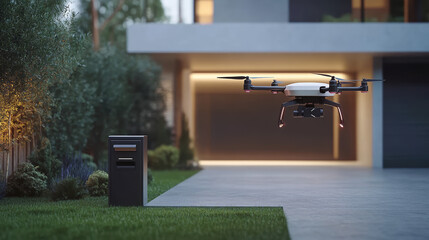A fully autonomous delivery drone hovers near a modern home, preparing to drop off a package into a smart mailbox. This image highlights the future of contactless delivery