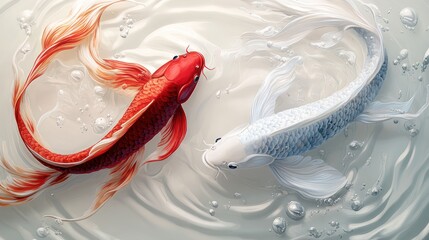 Two koi fish are swimming in a circular motion, with their long ornate fins and tails elegantly detailed. One fish is red, and the other is white in the water