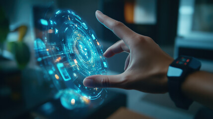 A person interacts with a futuristic holographic interface projected from a smartwatch, showcasing advanced gesture control technology and the seamless integration of wearable devices in daily life.

