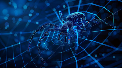Robotic spider on a glowing web, symbolizing cybersecurity and digital networks