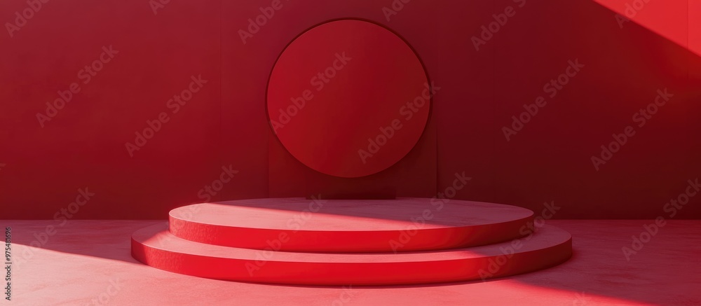 Poster contemporary red circular podium on a red backdrop top down view ideal background for showcasing pro