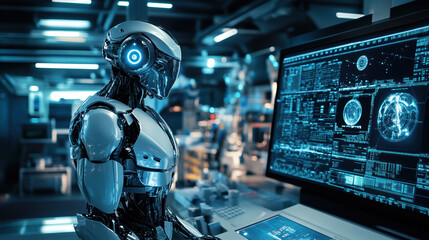 A futuristic humanoid robot with sleek silver armor working on advanced holographic displays in a high-tech lab, symbolizing cutting-edge AI and robotics technology.