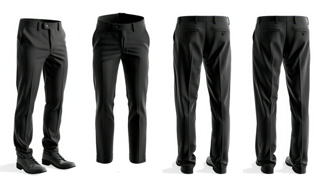 3D mockup of black mens pants from various angles isolated on white. Concept Fashion, 3D Mockup, Men's Clothing, Black Pants, White Background