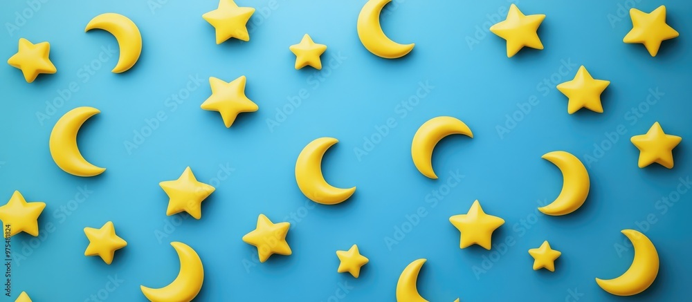 Poster 3d rendering of yellow stars and crescent moons arranged in rows on a blue background