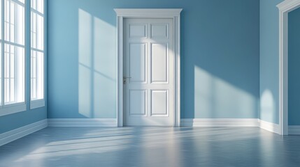 Blue interior featuring a white door rendered in 3D