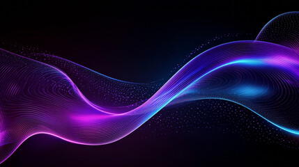 A dark background with a glowing wave made of shiny, moving lines. It's a modern design with purple and blue colors, and it looks like a futuristic technology concept.