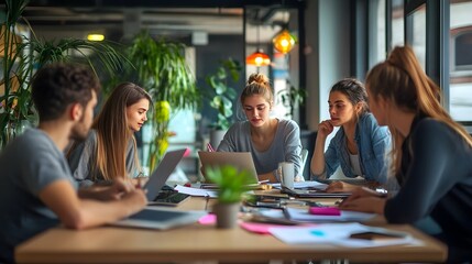 Group of young professionals working together at a table in a modern office