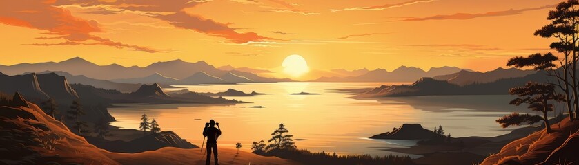 A photographer capturing the golden hour, the landscape around them bathed in warm light in this artistic illustration
