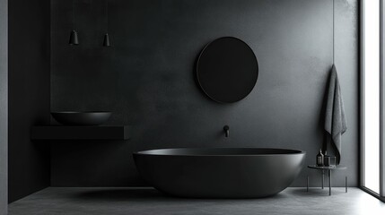 Minimalist black bathroom with a freestanding tub, a sink, and a round mirror on the wall.