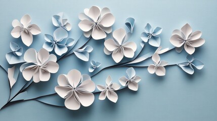 Paper Flower Branch on Blue Background, paper craft , floral , origami