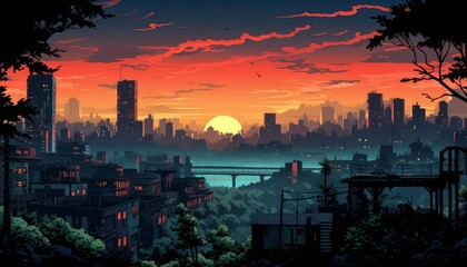 A postapocalyptic cityscape, buildings in ruins and nature reclaiming the streets in this dystopian background illustration