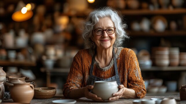 Senior Woman Potter Holding Ceramic Pot in Workshop