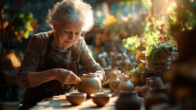 Senior woman potter working on clay pottery in workshop