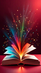 on a red background an open magic book with different colored lights with bokeh effect