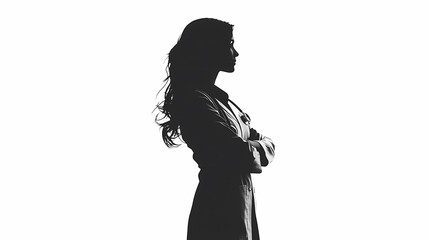Silhouette of a female doctor with long hair, arms crossed, in a reflective stance.