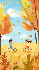 Two children riding bikes through a colorful autumn landscape.