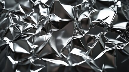 A detailed shot of crumpled foil paper with sharp edges and reflective, metallic texture creating abstract patterns.