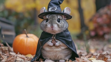 A small mouse is wearing a black hat and a cape