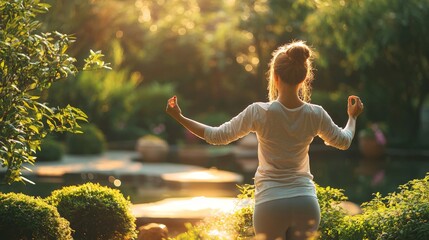 Woman practicing yoga in nature  peaceful meditation  zen garden  serenity  mindfulness