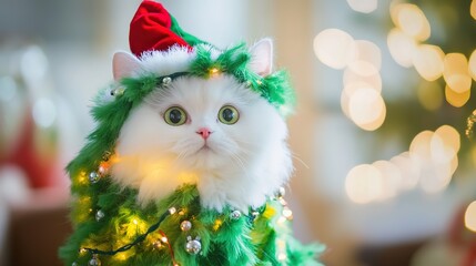  Adorable White Cat Dressed as a Christmas Tree with Ornaments and Lights. This whimsical and festive image features a cute white cat adorned in a Christmas tree costume, complete with ornaments, 