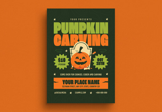 Green & Orange Retro Pumpkin Carving Event Flyer