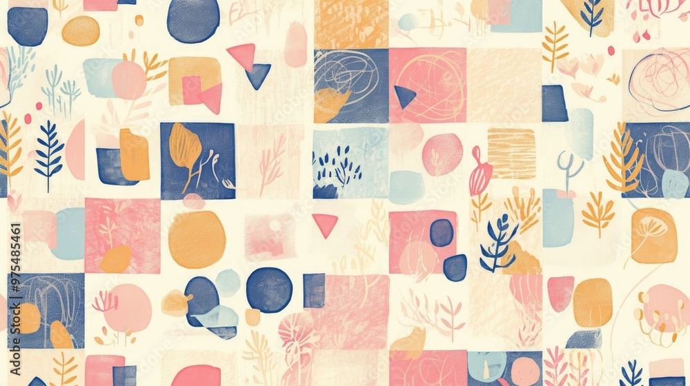 Poster vector illustration of a charming checkered pattern featuring pastel cottagecore doodles simple geom