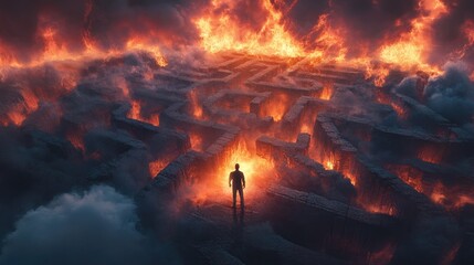 Naklejka premium A lone figure stands at the entrance of a fiery maze, surrounded by smoke and flames. He looks determined, ready to face the challenges ahead.