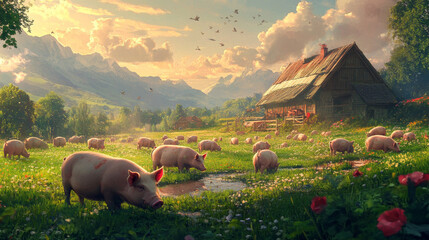 A farm in the countryside where pigs are raised for their meat.
