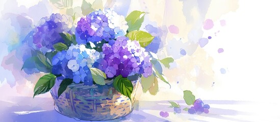Painting of purple hydrangea flowers in a decorative basket for a celebration event