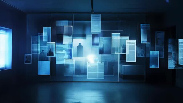 Dark room illuminated by glowing digital screens. Floating translucent panels display fragmented information. Harsh blue light casts eerie shadows. Holographic images flicker and shift. 