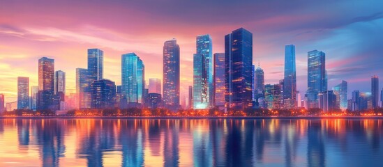 Fototapeta premium Painting of a modern city business center skyline featuring luxury skyscrapers in a vibrant urban environment