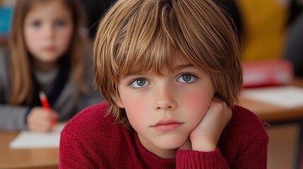 Thoughtful young boy rests his chin on his hand in a classroom setting.