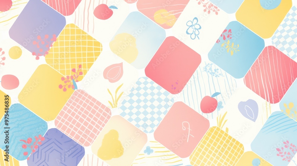 Poster vector illustration of a charming checkered pattern featuring pastel cottagecore doodles simple geom