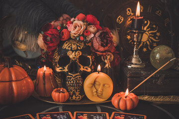 Mystical scene with candles. Fate prediction. Halloween concept, details and décor for home